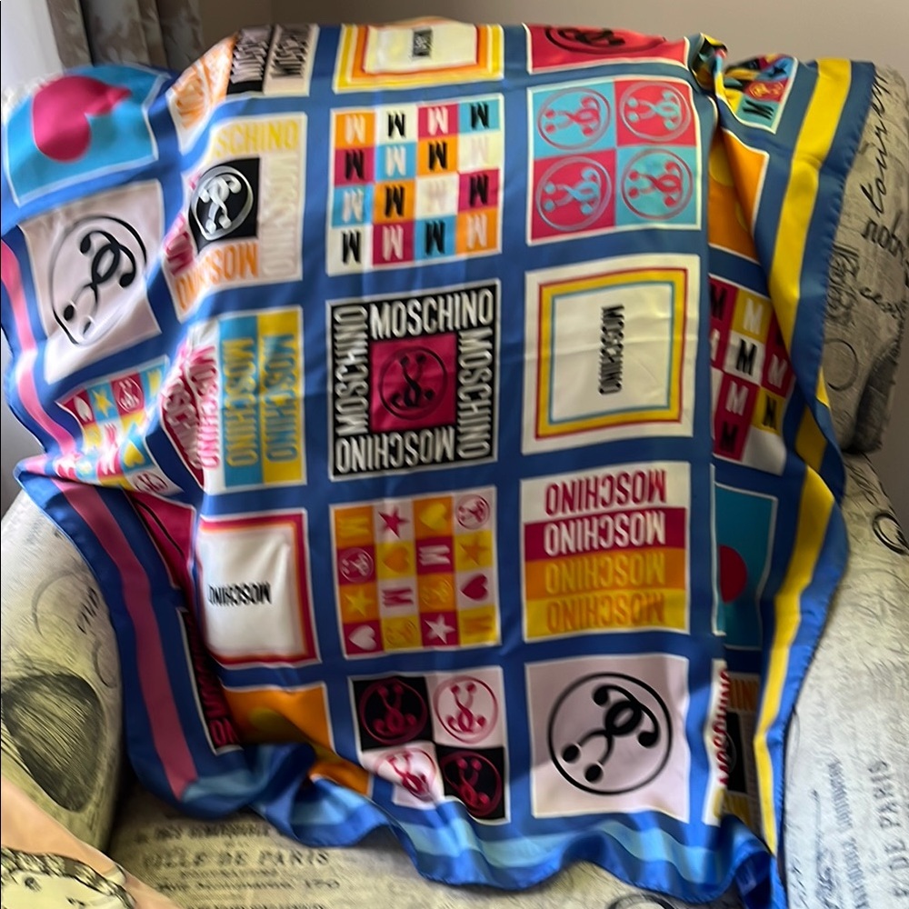 New Moschino Multicolor Logo Silk Scarf
